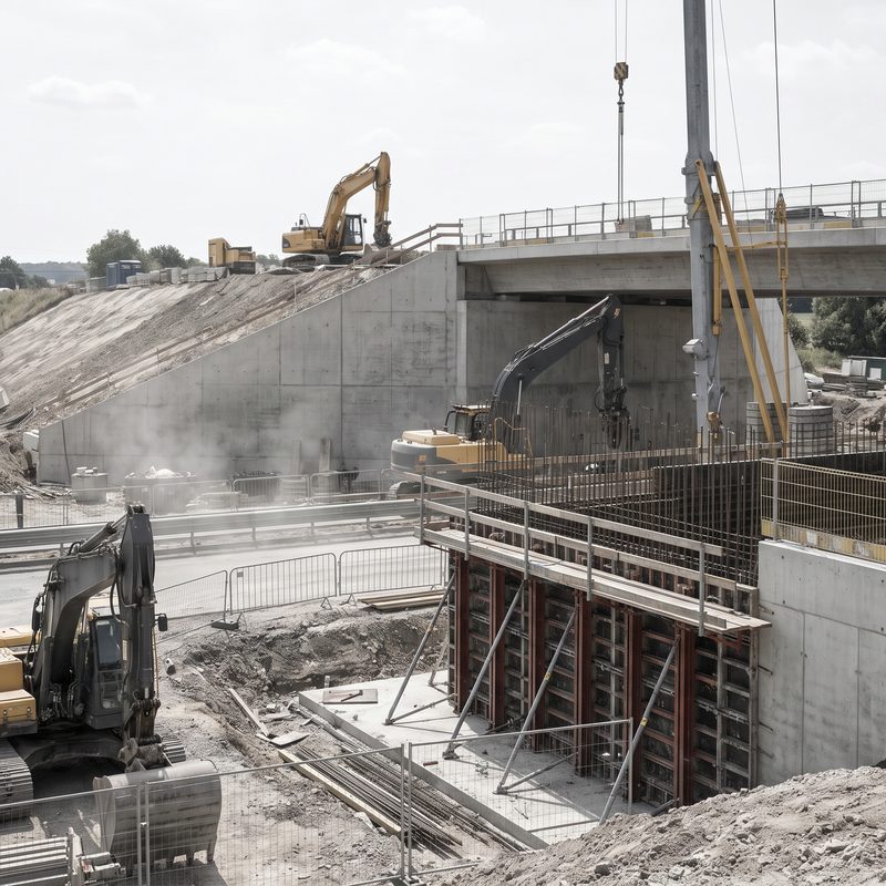 Bridge approach under reconstruction with excavators, formwork and reinforcement in place